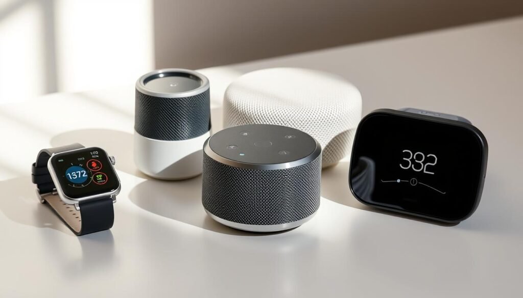 A well-lit, high-quality still life image showcasing an assortment of modern digital wellness devices. The devices are neatly arranged on a clean, minimalist surface, with a soft, natural light illuminating them from the side. The devices include a smartwatch, a fitness tracker, a smart speaker, and a sleep monitoring device, each displaying their key features and functionalities. The overall composition is balanced and visually appealing, conveying a sense of sophistication and practicality. The image effectively highlights the various options available to discerning consumers seeking the best wellness technology for their needs.