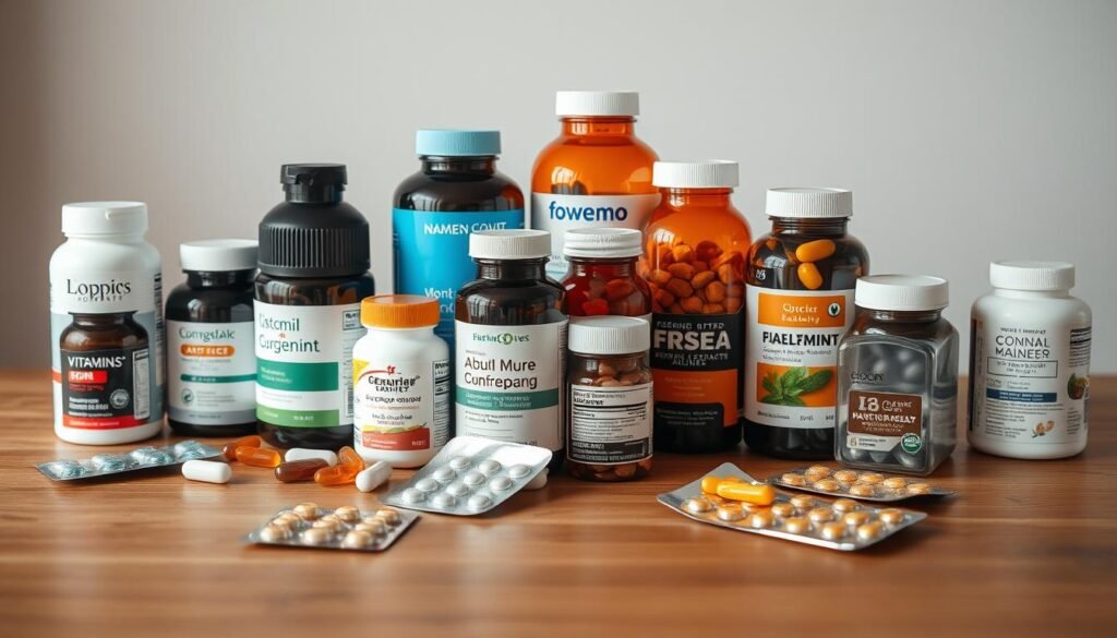 A well-lit, high-quality still life scene showcasing various dietary supplements neatly arranged on a minimalist, wooden table. The supplements include bottles, jars, and blister packs of vitamins, minerals, and herbal extracts, all with clearly legible labels. The lighting is soft and diffused, casting subtle shadows and highlighting the texture and colors of the products. The background is slightly blurred, placing the focus on the foreground supplements. The overall mood is one of professionalism, quality, and attention to detail, conveying the importance of choosing trustworthy brands and reading supplement labels carefully. A well-lit, high-quality still life scene showcasing various dietary supplements neatly arranged on a minimalist, wooden table. The supplements include bottles, jars, and blister packs of vitamins, minerals, and herbal extracts, all with clearly legible labels. The lighting is soft and diffused, casting subtle shadows and highlighting the texture and colors of the products. The background is slightly blurred, placing the focus on the foreground supplements. The overall mood is one of professionalism, quality, and attention to detail, conveying the importance of choosing trustworthy brands and reading supplement labels carefully.