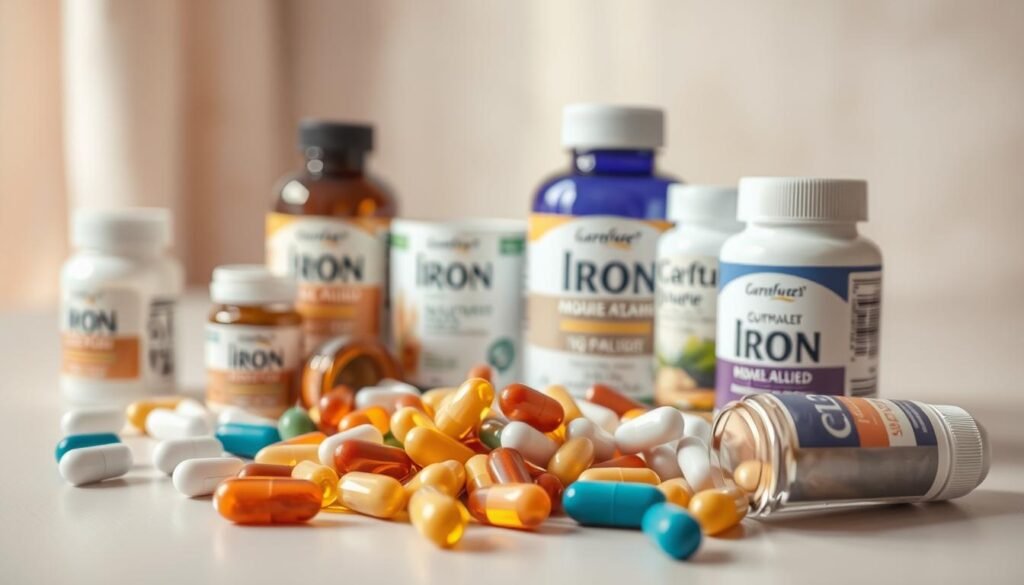 A well-lit, high-resolution close-up photograph of various iron supplements, including capsules, tablets, and liquid forms, arranged neatly on a clean, light-colored surface. The foreground features the supplements in focus, with a soft, blurred background showcasing a neutral, soothing color palette to create a calming, natural atmosphere. The lighting is warm and diffused, highlighting the textures and colors of the products. The overall composition conveys a sense of quality, efficacy, and trustworthiness to appeal to the target audience of tired women over 35.