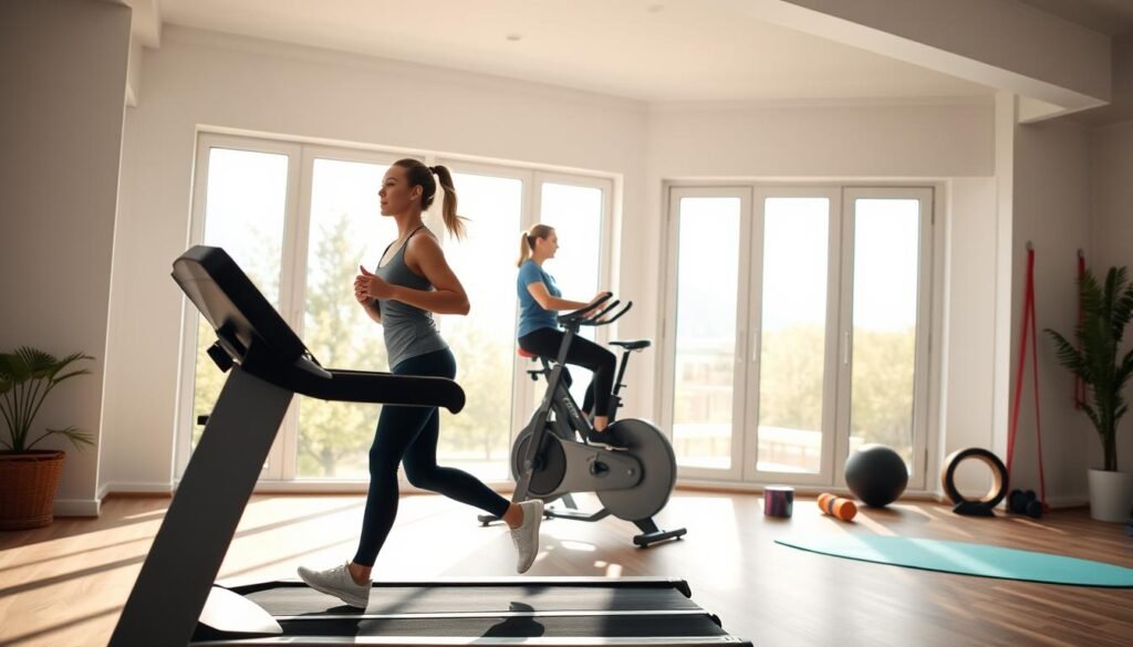 A well-lit home gym interior, with bright natural lighting filtering through large windows. In the foreground, a woman in mid-stride, clad in a moisture-wicking athletic top and leggings, performing a brisk treadmill run. The middle ground features a stationary bike, where another woman pedals intently, her face focused. In the background, a yoga mat and resistance bands signal a diverse cardio routine. The atmosphere is energetic yet serene, encouraging a sense of balance and holistic wellness.