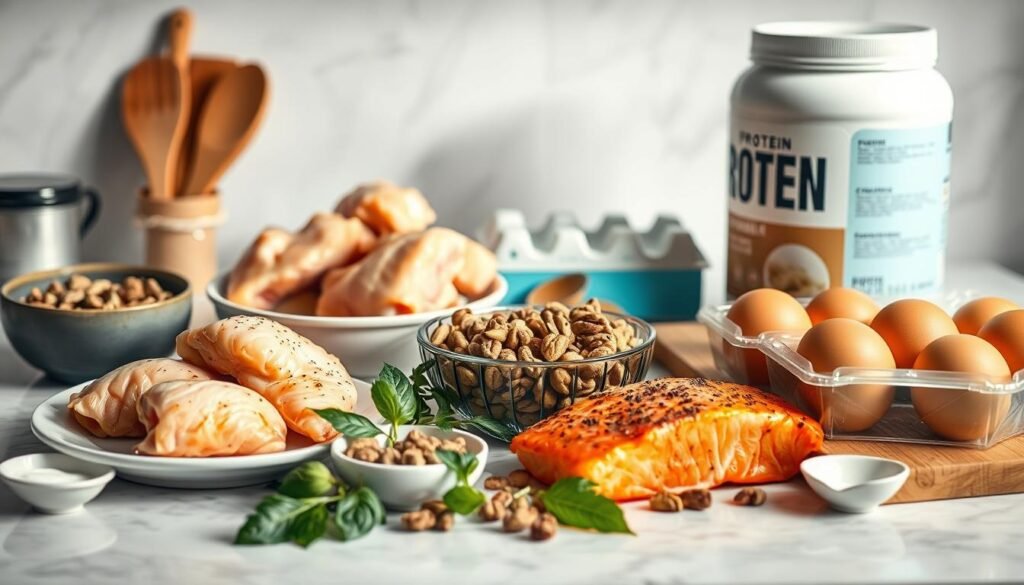 A well-lit kitchen counter showcasing an assortment of protein-rich foods, including juicy chicken breasts, pan-seared salmon fillets, a bowl of mixed nuts, a carton of eggs, and a scoop of protein powder. The items are arranged in a visually appealing, organized manner, with a neutral-toned background that allows the natural colors and textures of the ingredients to shine. The lighting is soft and flattering, creating a warm, inviting atmosphere. The overall composition emphasizes the versatility and abundance of high-quality protein sources suitable for women over 35, conveying a sense of health, vitality, and culinary expertise.
