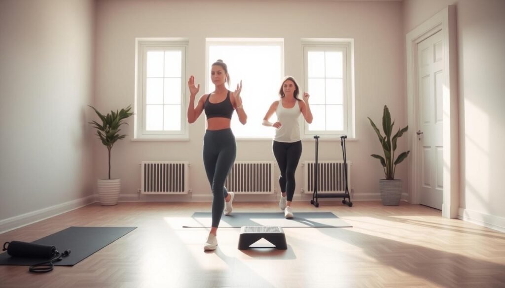 A well-lit, minimalist home gym setting with a soft, natural lighting filtering in through large windows. In the foreground, a woman in athletic wear performs a series of low-impact cardio exercises like marching in place, side steps, and light jumping jacks. Her movements are fluid and graceful, showcasing the gentle, joint-friendly nature of the routine. The middle ground features simple exercise equipment like a yoga mat, resistance bands, and a small step platform. The background depicts a clean, uncluttered space with neutral-toned walls, adding to the calm, meditative atmosphere.