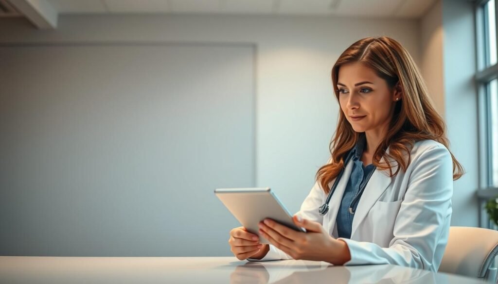 A well-lit, serene medical office setting. In the foreground, a woman in a white coat sits at a desk, consulting a tablet with a thoughtful expression. The background features muted, calming colors - soft grays, blues, and whites - creating a sense of professionalism and care. The lighting is warm and natural, illuminating the scene with a comforting glow. The angle is a slightly elevated perspective, conveying a sense of trust and expertise. The overall mood is one of safety, security, and the expertise of a healthcare professional, ready to guide and support the viewer.
