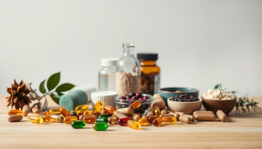 A well-lit still life composition of various brain-boosting supplements arranged on a clean, wooden surface. In the foreground, an assortment of herbal capsules, tablets, and softgels in earthy tones. In the middle ground, a glass bottle filled with a clear liquid, a jar of powder, and a small bowl of dried berries. The background features a minimalist, neutral-colored backdrop, allowing the supplements to take center stage. The lighting is soft and diffused, creating a calming, therapeutic atmosphere. The overall mood is one of natural, holistic healing and cognitive clarity.