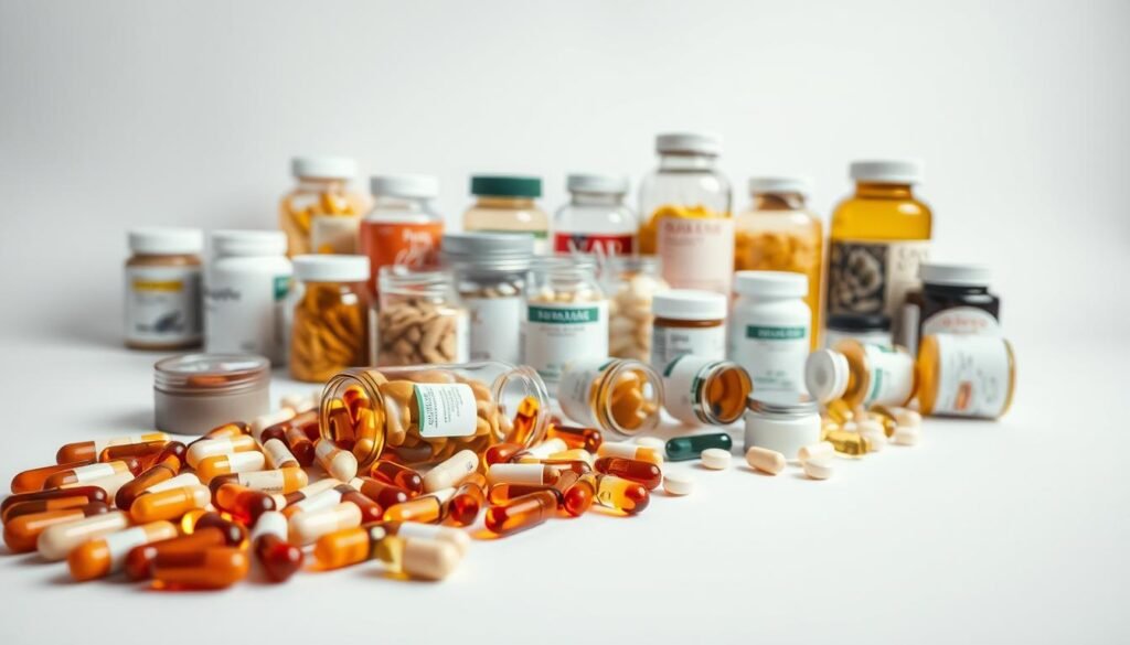 A well-lit studio scene showcasing an assortment of dietary supplements on a clean, white surface. The foreground features an array of capsules, tablets, and softgels in various shapes and sizes, neatly arranged. The middle ground includes glass jars, bottles, and tubs of different supplements, their labels clearly visible. In the background, a minimalist backdrop with soft, neutral tones creates a sense of balance and focus on the supplements. The lighting is warm and diffused, accentuating the textures and colors of the products. The overall composition conveys a sense of professionalism, quality, and attention to detail, suitable for an educational article on supplement safety and realistic expectations. A well-lit studio scene showcasing an assortment of dietary supplements on a clean, white surface. The foreground features an array of capsules, tablets, and softgels in various shapes and sizes, neatly arranged. The middle ground includes glass jars, bottles, and tubs of different supplements, their labels clearly visible. In the background, a minimalist backdrop with soft, neutral tones creates a sense of balance and focus on the supplements. The lighting is warm and diffused, accentuating the textures and colors of the products. The overall composition conveys a sense of professionalism, quality, and attention to detail, suitable for an educational article on supplement safety and realistic expectations.