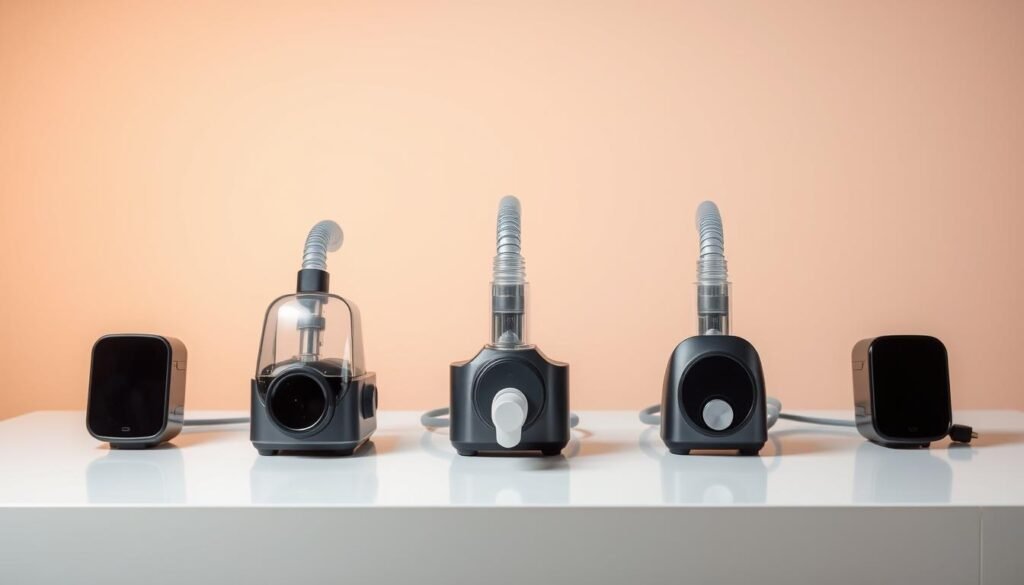 A well-lit, studio-style scene showcasing three top-of-the-line breathing devices side-by-side on a clean, white tabletop. The devices should be positioned at slightly different angles to highlight their unique designs and features. Warm, directional lighting casts soft shadows, emphasizing the sleek, minimalist aesthetics. The background is a simple, neutral tone, allowing the devices to take center stage. The overall mood is one of clinical precision and thoughtful comparison, inviting the viewer to closely examine the subtle differences between the options. A well-lit, studio-style scene showcasing three top-of-the-line breathing devices side-by-side on a clean, white tabletop. The devices should be positioned at slightly different angles to highlight their unique designs and features. Warm, directional lighting casts soft shadows, emphasizing the sleek, minimalist aesthetics. The background is a simple, neutral tone, allowing the devices to take center stage. The overall mood is one of clinical precision and thoughtful comparison, inviting the viewer to closely examine the subtle differences between the options.