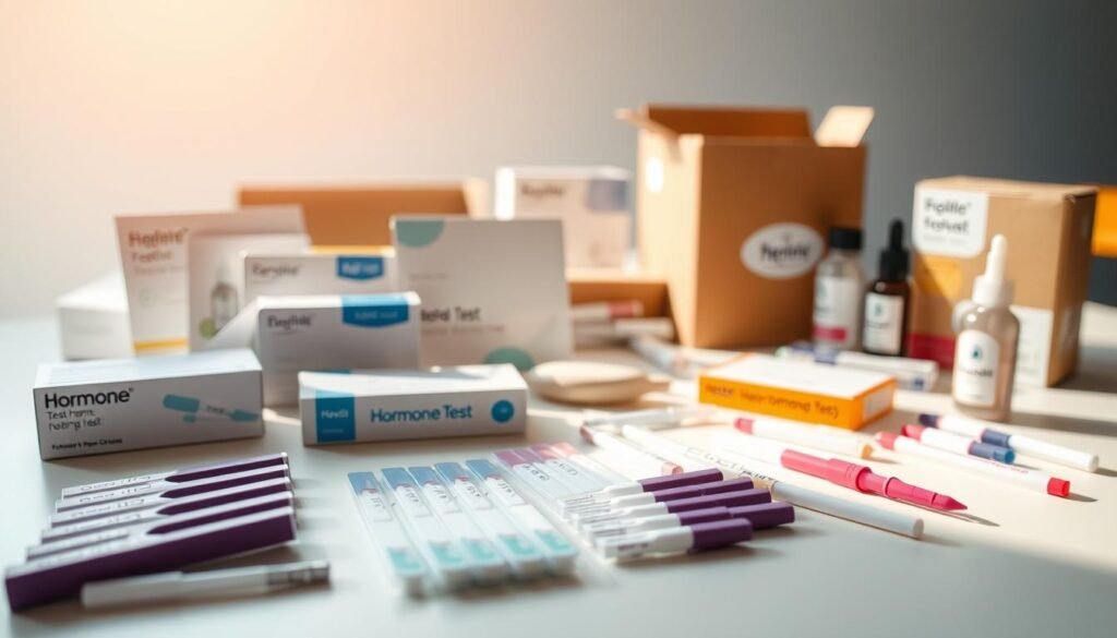 A well-lit tabletop scene showcasing an assortment of at-home hormone test kits. In the foreground, various test strips, swabs, and droppers are neatly arranged on a clean, minimalist surface. The middle ground features a selection of cardboard boxes and packaging, providing context and branding details. The background is softly blurred, creating a sense of depth and focus on the testing products. Warm, natural lighting gently illuminates the scene, casting subtle shadows and highlighting the materials' textures. The overall mood is one of professionalism, reliability, and accessibility, reflecting the section's focus on "Top Hormone Test Kits for Different Needs".