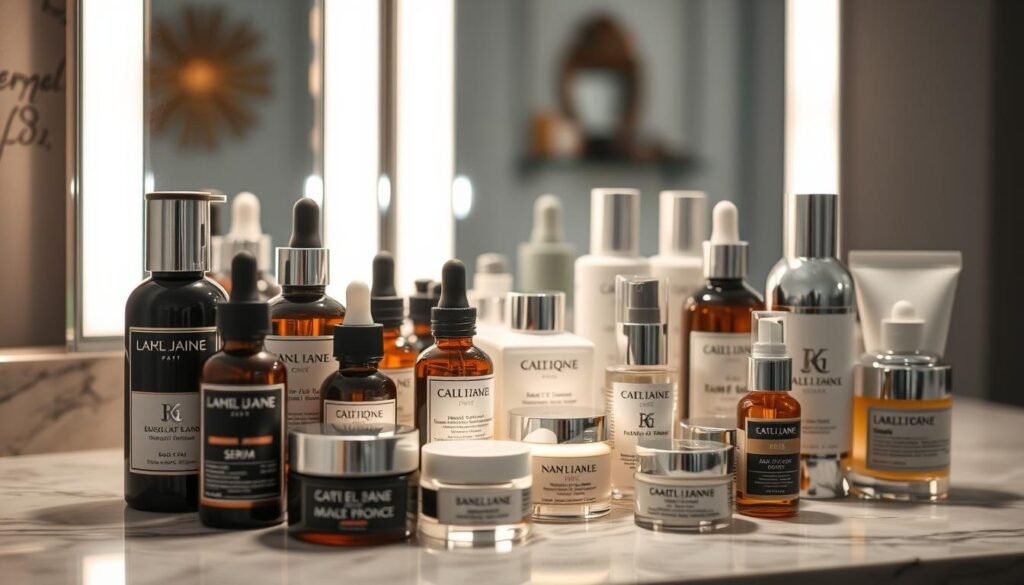 A well-lit vanity filled with an array of high-end skincare products, including serums, creams, and face oils. The products are displayed on a marble or granite surface, creating an elegant and luxurious composition. The lighting is soft and diffuse, highlighting the textures and sheen of the products. The background is blurred, allowing the focus to remain on the foreground arrangement of anti-aging products. The scene conveys a sense of sophistication and a commitment to personal care and self-improvement.