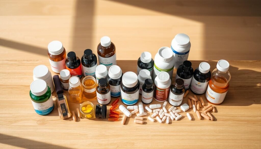 A well-organized arrangement of diverse nutritional supplements, including bottles, pills, and capsules, neatly displayed on a sleek, minimalist wooden table. The lighting is soft and natural, with a warm, diffused glow that accentuates the textures and colors of the products. The image has a clean, professional aesthetic, conveying a sense of quality, precision, and thoughtful consideration of supplement usage. The overall mood is one of calm, confidence, and a commitment to wellness and self-care for women over 35. A well-organized arrangement of diverse nutritional supplements, including bottles, pills, and capsules, neatly displayed on a sleek, minimalist wooden table. The lighting is soft and natural, with a warm, diffused glow that accentuates the textures and colors of the products. The image has a clean, professional aesthetic, conveying a sense of quality, precision, and thoughtful consideration of supplement usage. The overall mood is one of calm, confidence, and a commitment to wellness and self-care for women over 35.