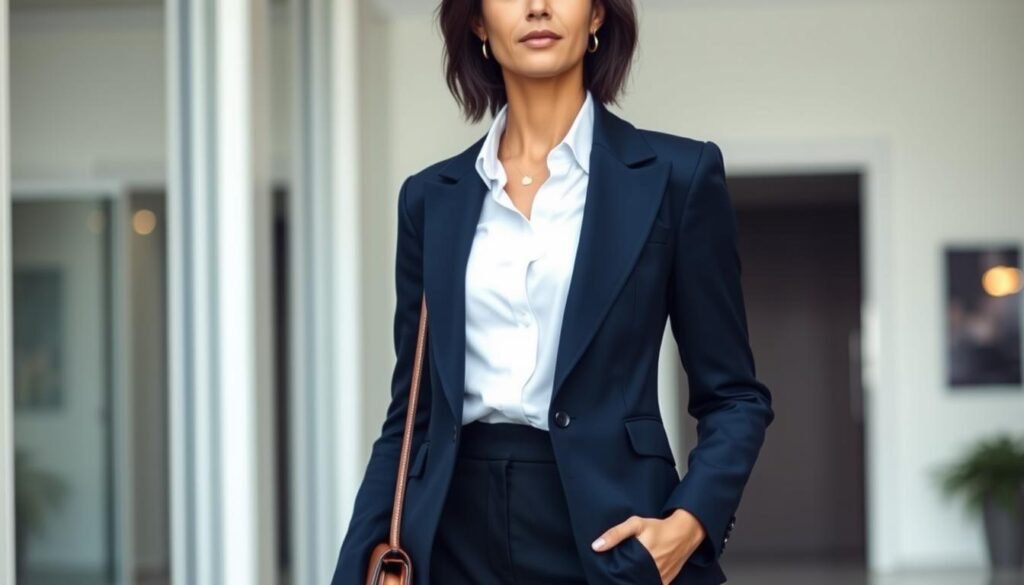 A well-tailored, chic outfit that embodies confidence and sophistication. A slim-fitting, navy blue blazer with sharp shoulders and a cinched waist, paired with a crisp white button-down shirt and dark, straight-leg trousers. The outfit is accessorized with a delicate gold pendant necklace and a structured leather handbag. The lighting is soft and flattering, highlighting the smooth, polished look. The subject stands tall and poised, exuding an air of effortless style and self-assurance. The overall atmosphere is one of refined elegance and timeless fashion. A well-tailored, chic outfit that embodies confidence and sophistication. A slim-fitting, navy blue blazer with sharp shoulders and a cinched waist, paired with a crisp white button-down shirt and dark, straight-leg trousers. The outfit is accessorized with a delicate gold pendant necklace and a structured leather handbag. The lighting is soft and flattering, highlighting the smooth, polished look. The subject stands tall and poised, exuding an air of effortless style and self-assurance. The overall atmosphere is one of refined elegance and timeless fashion.