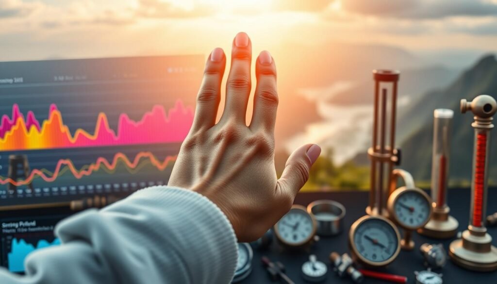 A wide landscape depicting temperature trends, with a focus on a woman wearing a smart ring on her finger, surrounded by data visualizations and scientific instrumentation. The foreground features the woman's hand, with the smart ring prominently displayed, against a backdrop of colorful graphs and charts representing temperature fluctuations over time. The middle ground showcases various scientific instruments, such as thermometers and weather monitoring devices, all arranged in a visually compelling manner. The background depicts a scenic environment, perhaps a mountainous or coastal region, to convey the idea of environmental factors affecting temperature. The lighting is soft and natural, creating a sense of balance and harmony between the technological elements and the natural world. The overall mood is one of scientific inquiry, technological advancement, and a concern for women's health and wellness.