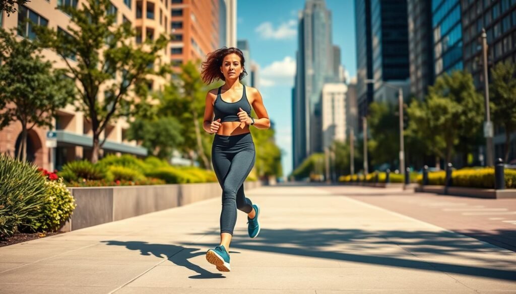 A woman in her late 30s strides purposefully down a sun-dappled city sidewalk, her athletic shoes gripping the pavement as she maintains a brisk, steady pace. Her posture is upright, shoulders back, core engaged, arms swinging in rhythm with her steps. The background is a vibrant urban landscape, with tall buildings, lush greenery, and a clear blue sky overhead, creating a sense of energy and vitality. The lighting is soft and flattering, casting a warm glow on her face and highlighting the determination in her expression. The image conveys the idea of a well-rounded fitness regimen, where cardio complements strength training to help a woman over 35 stay strong, fit, and confident.