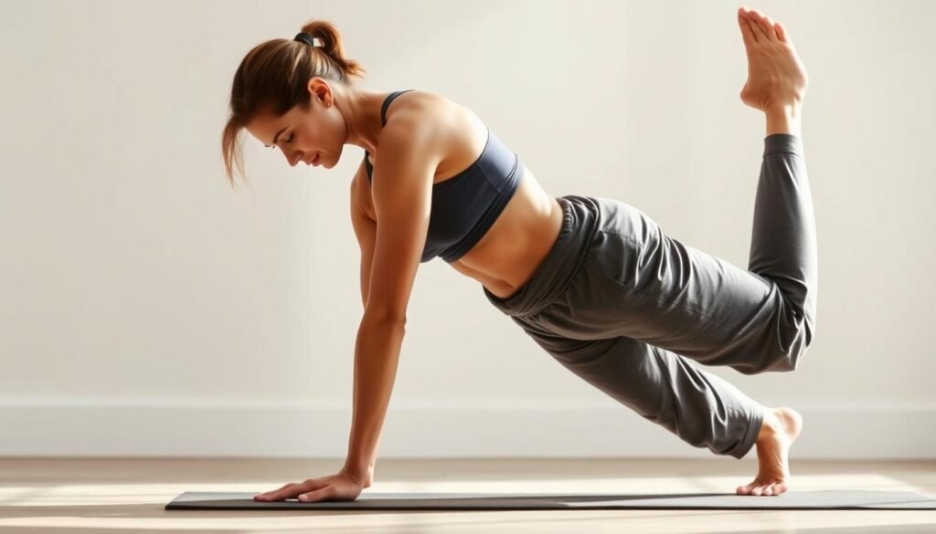 A woman performing a single-leg bridge exercise, her face focused and determined. She is dressed in loose-fitting athletic wear, one leg extended and the other bent, lifting her hips off the floor in a controlled motion. Soft, natural lighting illuminates her form, creating gentle shadows that accentuate the muscles engaged. The background is a clean, minimalist space, allowing the exercise to be the central focus. The image conveys the strength, balance, and control required for this advanced progression, inspiring the viewer to challenge themselves. A woman performing a single-leg bridge exercise, her face focused and determined. She is dressed in loose-fitting athletic wear, one leg extended and the other bent, lifting her hips off the floor in a controlled motion. Soft, natural lighting illuminates her form, creating gentle shadows that accentuate the muscles engaged. The background is a clean, minimalist space, allowing the exercise to be the central focus. The image conveys the strength, balance, and control required for this advanced progression, inspiring the viewer to challenge themselves.