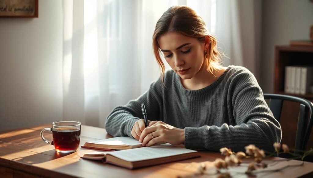 A woman sitting at a wooden desk, focused intently on writing in a leather-bound journal. Soft, diffused natural light filters in through a nearby window, casting a warm glow on the scene. The desk surface is minimally adorned, with a cup of tea, a pen, and a few dried flowers providing subtle accents. The woman's expression is one of calm contemplation, her brow furrowed slightly as she ponders her thoughts. The overall mood is one of introspection and mindfulness, evoking the sense of a personal journaling practice that helps reframe the mind. The image is captured from a slightly elevated angle, emphasizing the peaceful, intimate nature of the moment.