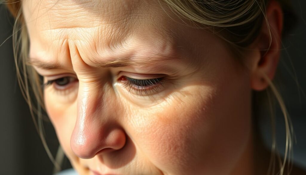 A woman's face, the skin slightly weathered, with subtle but distinct signs of thinning hair along the temples and hairline. Soft, natural lighting illuminates the scenario, casting gentle shadows that accentuate the delicate texture of the hair strands. The expression is pensive, the gaze directed inwards, conveying a sense of concern or contemplation. The background is blurred, keeping the focus solely on the woman's visage and hair, allowing the viewer to hone in on the early indicators of potential hair loss. The overall mood is one of quiet introspection, inviting the viewer to empathize with the subject's experience.