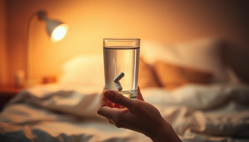 A woman's hand holds a transparent glass filled with water and a magnesium supplement capsule, set against a soft, warm-toned background. The lighting is natural, with a gentle glow illuminating the scene. The composition is balanced, with the hand and glass in the foreground, and a blurred, cozy bedroom environment in the background, suggesting a relaxing, bedtime setting. The overall mood is one of tranquility and self-care, encouraging the viewer to consider the importance of taking magnesium for better sleep.