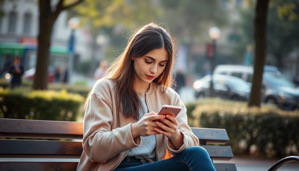 A young woman sitting on a park bench, her smartphone in hand, engrossed in a meditation app. The scene is bathed in soft, natural lighting, creating a calming atmosphere. The background features a blurred urban landscape, suggesting the hectic pace of the city. The woman's expression is serene, highlighting the benefits of the on-the-go meditation experience. The image conveys a sense of respite and tranquility amidst the busyness of everyday life.