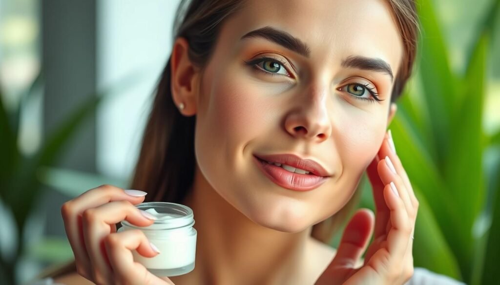 A young woman's face, skin glowing with a healthy radiance, as she gently applies a nourishing cream. Soft, diffused lighting illuminates her features, highlighting the natural contours and texture of her skin. The background is a serene, blurred scene, perhaps a lush, green garden or a peaceful, natural setting, creating a calming, spa-like atmosphere. The woman's expression conveys a sense of calm and focus, emphasizing the importance of dedicated skincare for maintaining a youthful, vibrant complexion. The image captures the essence of protecting and caring for one's skin to combat the signs of premature aging.