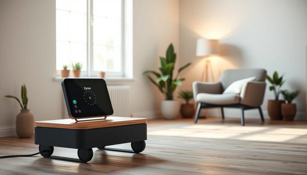 A zen-inspired guided breathing cart sits in a serene, minimalist living room. The cart features a clean, modern design with a matte black frame and a smooth wooden surface. On the cart, a metronome-style breathing indicator flashes gently, guiding the user through a calming breathing exercise. Soft, diffused lighting from a nearby lamp creates a soothing ambiance, while a large window allows natural light to stream in, casting a warm glow over the scene. The room is sparsely decorated, with a few potted plants and a cozy armchair positioned nearby, inviting the user to sit and focus on their breathing. The overall mood is one of tranquility and relaxation, perfectly capturing the essence of the "Ready to relax? Add to cart and start guided breathing today" section. A zen-inspired guided breathing cart sits in a serene, minimalist living room. The cart features a clean, modern design with a matte black frame and a smooth wooden surface. On the cart, a metronome-style breathing indicator flashes gently, guiding the user through a calming breathing exercise. Soft, diffused lighting from a nearby lamp creates a soothing ambiance, while a large window allows natural light to stream in, casting a warm glow over the scene. The room is sparsely decorated, with a few potted plants and a cozy armchair positioned nearby, inviting the user to sit and focus on their breathing. The overall mood is one of tranquility and relaxation, perfectly capturing the essence of the "Ready to relax? Add to cart and start guided breathing today" section.