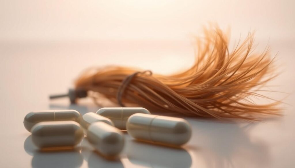 Biotin, a vital B-complex vitamin, presented in a sleek and stylish manner. In the foreground, a softly lit close-up of biotin capsules or tablets, their surface gently reflective, casting subtle shadows. In the middle ground, a delicate sprig of lush, vibrant hair strands, subtly suggesting the vitamin's role in hair growth. The background features a soft, ethereal gradient, creating a serene, spa-like ambiance, reinforcing the idea of healthy, radiant hair. Lighting is gentle, with a slight warm tone, highlighting the natural, organic quality of the subject matter. The overall composition is balanced and visually appealing, perfectly complementing the "Best Vitamins for Hair Growth" section.