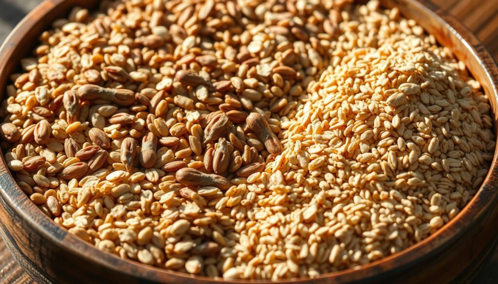 Crisp, high-resolution close-up image of a diverse selection of whole grains including oats, brown rice, quinoa, bulgur, and whole wheat berries, arranged in a rustic wooden bowl or tray with natural lighting from the side casting warm shadows. The grains are vibrant, textured, and appear fresh and unprocessed. The overall mood is earthy, nourishing, and inviting, evoking a sense of wholesome, balanced nutrition. Crisp, high-resolution close-up image of a diverse selection of whole grains including oats, brown rice, quinoa, bulgur, and whole wheat berries, arranged in a rustic wooden bowl or tray with natural lighting from the side casting warm shadows. The grains are vibrant, textured, and appear fresh and unprocessed. The overall mood is earthy, nourishing, and inviting, evoking a sense of wholesome, balanced nutrition.