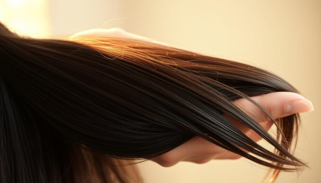 Detailed close-up photograph of a woman's hand gently holding a bundle of long, lush, and healthy hair strands. The hair is dark brown in color, shiny, and appears to be growing out of the scalp. The background is blurred, with a soft, warm light source illuminating the hair from the side, creating a glowing, ethereal effect. The mood is one of nourishment, regrowth, and hopeful rejuvenation. The image conveys a sense of care, support, and the positive steps one can take to encourage hair growth.