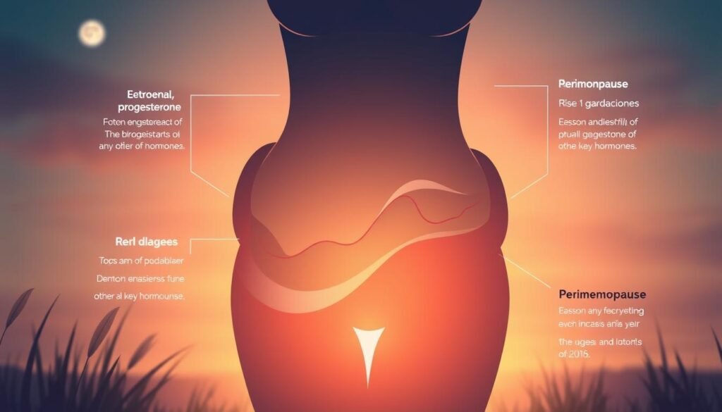 Detailed illustration of hormone fluctuations during perimenopause, featuring a woman's silhouette with a central focus on the midsection. Visualize a serene, natural setting with a soft, diffused lighting, perhaps a sunset glow or gentle moonlight. Capture the complexity of hormonal changes through abstract, undulating shapes and gradients representing the rise and fall of estrogen, progesterone, and other key hormones. Convey a sense of balance, transition, and the ebb and flow of this phase of life. Incorporate a naturalistic, organic feel to the composition, avoiding harsh edges or clinical depictions. Detailed illustration of hormone fluctuations during perimenopause, featuring a woman's silhouette with a central focus on the midsection. Visualize a serene, natural setting with a soft, diffused lighting, perhaps a sunset glow or gentle moonlight. Capture the complexity of hormonal changes through abstract, undulating shapes and gradients representing the rise and fall of estrogen, progesterone, and other key hormones. Convey a sense of balance, transition, and the ebb and flow of this phase of life. Incorporate a naturalistic, organic feel to the composition, avoiding harsh edges or clinical depictions.