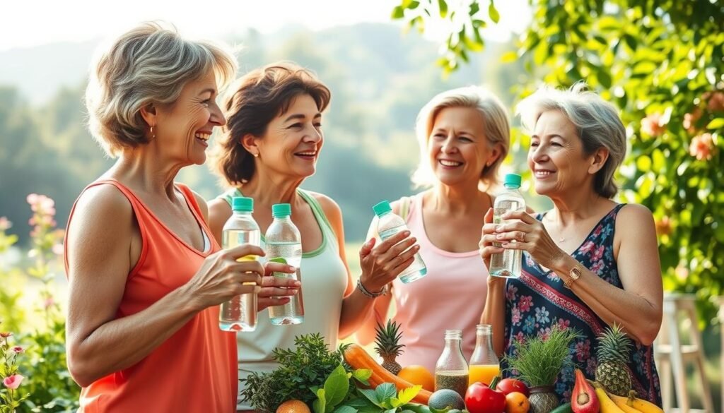 Detailed illustration of practical hydration tips for active women over 35, showcasing a serene, natural scene. A group of mature women enjoying healthy refreshments outdoors, surrounded by lush greenery and natural light. In the foreground, women hold reusable water bottles and fresh produce, highlighting the importance of proper hydration and nutrition. The middle ground features a variety of hydrating ingredients like fruits, vegetables, and herbs. The background depicts a peaceful outdoor setting with soft, diffused lighting, conveying a sense of tranquility and wellness. The image should emphasize the women's energy, vitality, and commitment to self-care.