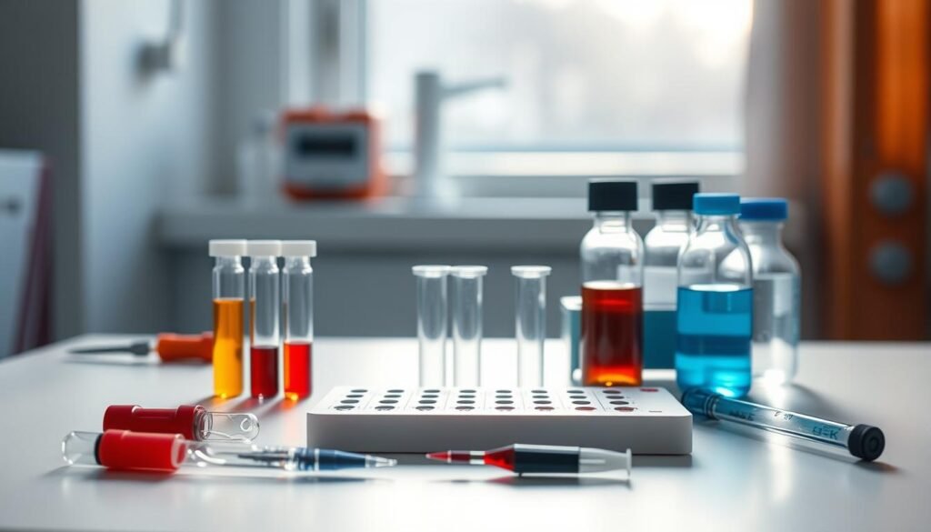 a clinical blood test with vials, tubes, needles, and medical instruments on a clean white table, illuminated by soft natural lighting from a window, with a subtle blurred background conveying a professional medical setting, capturing the technical and scientific essence of how electrolyte tests are conducted in a healthcare context