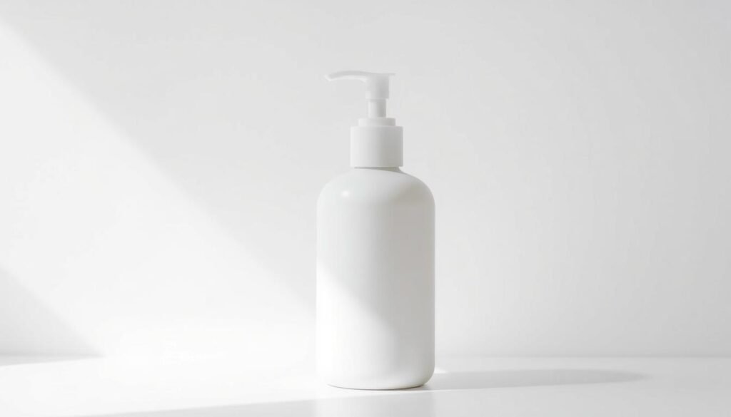 a high-quality, photorealistic image of a minimalist white ceramic cleanser bottle with a simple design, set against a clean white background with soft, even lighting from above to highlight the product's natural textures and details. The bottle should have a matte finish and a clean, simple label. The image should convey a sense of simplicity, purity, and a focus on the essential elements of a beauty routine, in line with the "Build Your Routine Step by Step" section of the article.