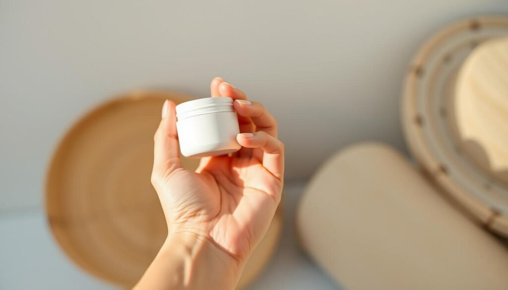 a minimalist, elegant, and balanced composition of a woman's hand holding a small white or natural-colored jar of sunscreen, with a simple background of soft, neutral tones and natural textures like wood or stone. The lighting is warm and natural, casting a gentle glow on the scene. The focus is on the sunscreen jar, which is the central focal point, with the woman's hand serving to showcase the product in a natural and understated way. The overall mood is one of simplicity, serenity, and effortless sun protection.